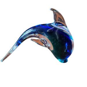 Hand Blown Murano Glass Dolphin Figurine Blue, Green& Clear Art Glass 6"x3" Eleg
